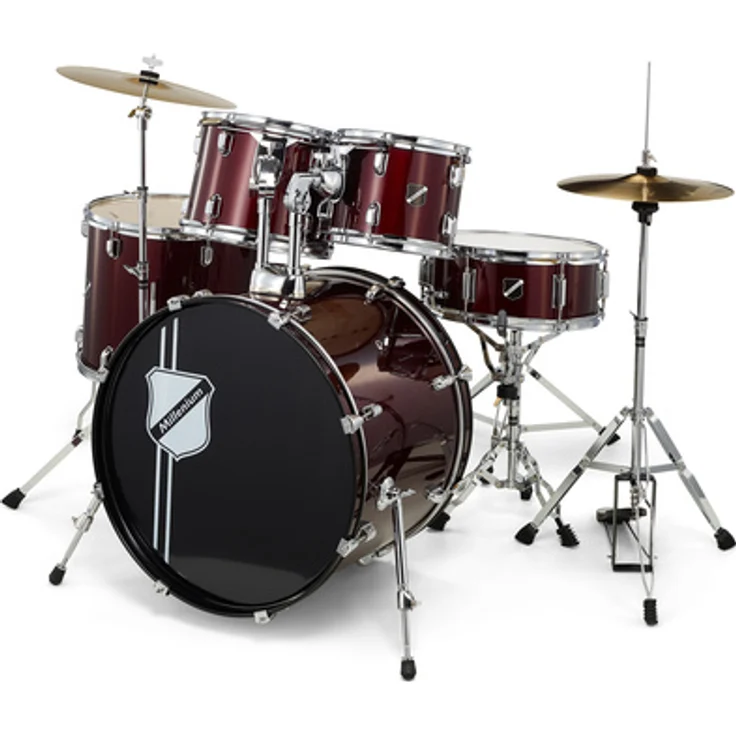 Millenium Focus 20 Drum Set Red, 5-teiliges Schlagzeugset mit 20" Bass Drum, 14" Snare, Hi-Hat und Crash/Ride Becken, ideal für Einsteiger