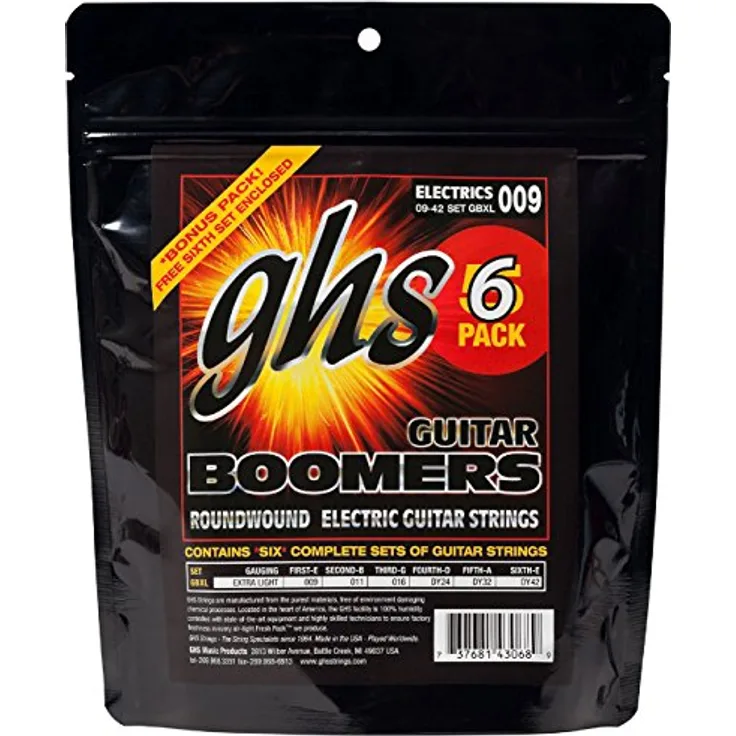 GHS Guitar Boomers GBXL, E-Gitarrensaiten Set, Extra Light .009-.042, 6-Pack, Nickel Plated Steel