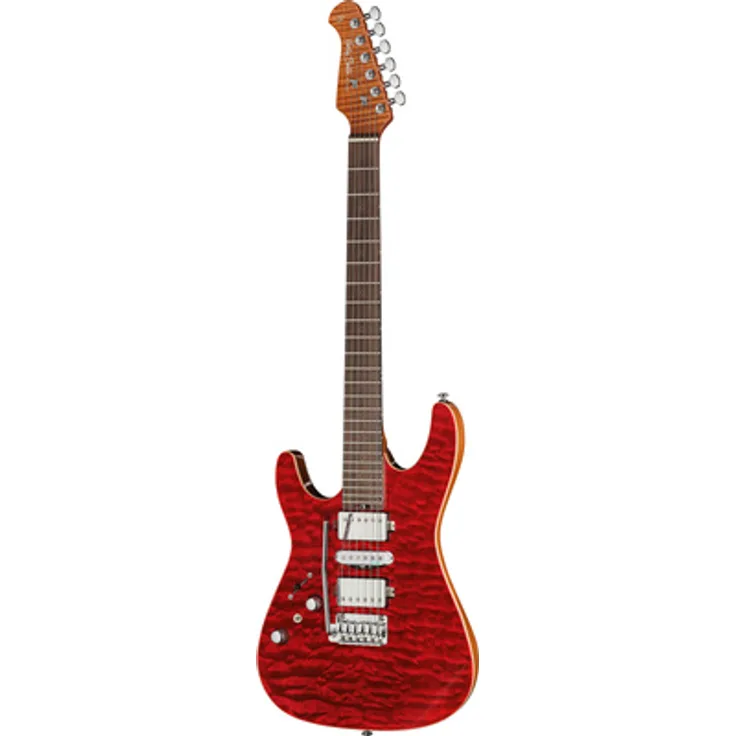 Harley Benton Fusion-IV HSH LH RW, Linkshänder E-Gitarre mit Wölkchen Ahornfurnier in Quilt Raspberry Gloss