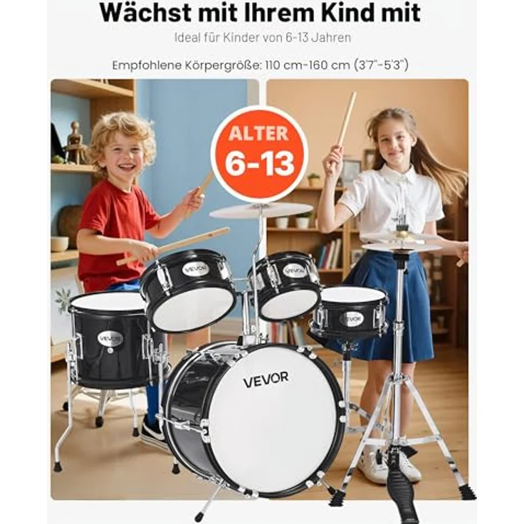 VEVOR Schlagzeug Set, 5-teilig, inkl. 35,6 cm Basstrommel, Tomtoms, Standtom, Crash-Becken & Hi-Hat, für Kinder 6–13 Jahre, schwarz – Bild 2