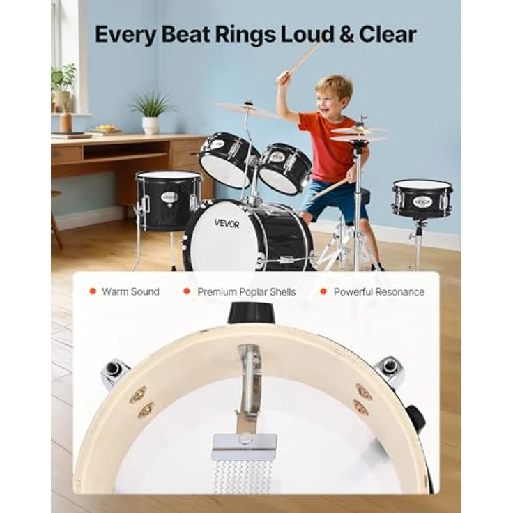 VEVOR Schlagzeug Set, 5-teilig, inkl. 35,6 cm Basstrommel, Tomtoms, Standtom, Crash-Becken & Hi-Hat, für Kinder 6–13 Jahre, schwarz – Bild 4