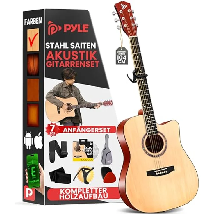 Pyle Cutaway Dreadnought Akustikgitarre, Vollformat Natur Matt-Finish, 6 Stahlsaiten, inkl. Gigbag, Stimmgerät, Plektren, Gurt, Kapodaster, für Anfänger und Erwachsene - Rechtshänder – Bild 1