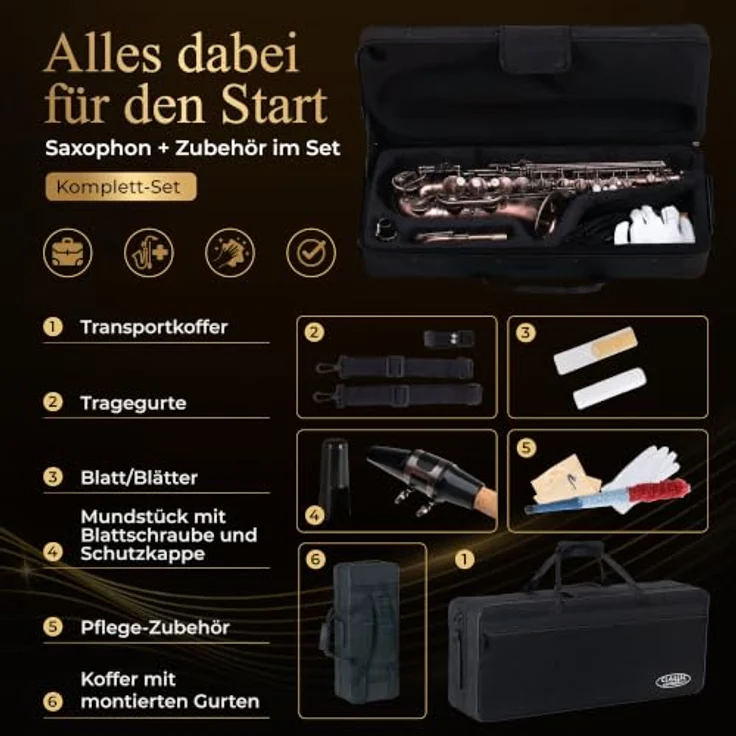 Classic Cantabile AS-450 Antique Red Altsaxophon Set, Altsaxophon aus Messing mit ergonomischer Klappenmechanik und vollem Klang – Bild 5