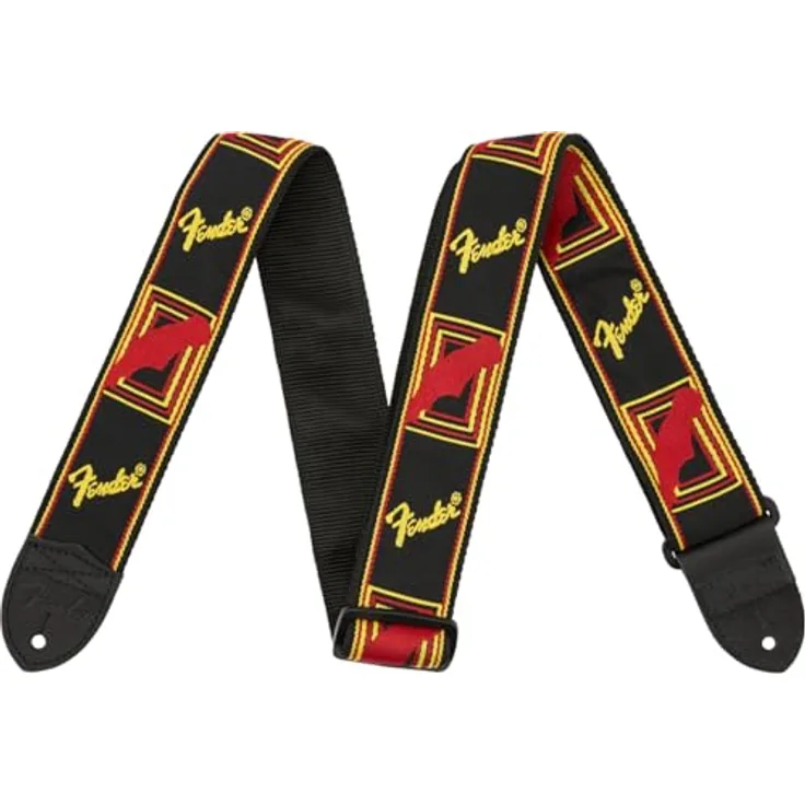 Fender Monogramm Strap BYR, Gitarrengurt in Schwarz/Gelb/Rot, verstellbar von 91-147 cm