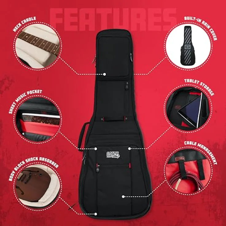 Gator G-PG-Semi-hollow / V Bag, Gigbag für Semi Hollow / V-Style E-Gitarre, Schwarz, inklusive Regenhülle, Micro-Fleece Innenausstattung, 25 mm Polsterung und große Außentasche mit Kabelmanagement – Bild 5