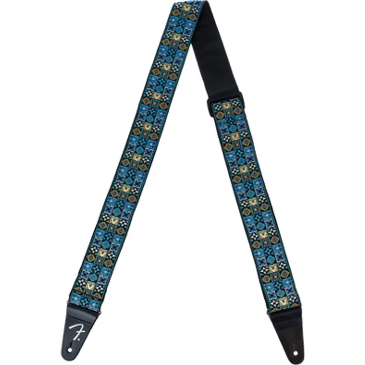 Fender Festival Collection Strap Blue, Gitarrengurt aus reißfestem Polypropylen, verstellbar von 80 cm bis 148 cm, mit Lederenden und Fender Logo, Breite 5 cm