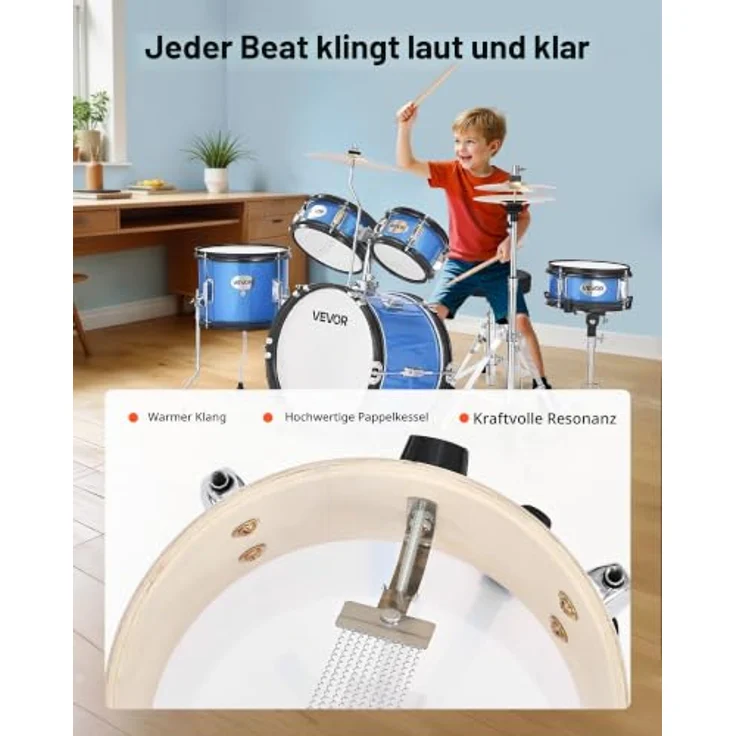 VEVOR Schlagzeug Set, 5-teilig für Kinder, 35,6 cm Basstrommel, 15,2 cm & 20,3 cm Tomtoms, 25,4 cm Standtom, 25,4 cm Crash-Becken, 20,3 cm Hi-Hat mit Ständer, blau – Bild 4