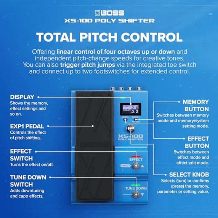 Boss XS-100 Poly Shifter, Effektpedal für E-Gitarre mit integriertem Expression-Pedal und LCD-Display, 30 Speicherplätze, polyphone Tonhöhenkorrektur – Bild 4