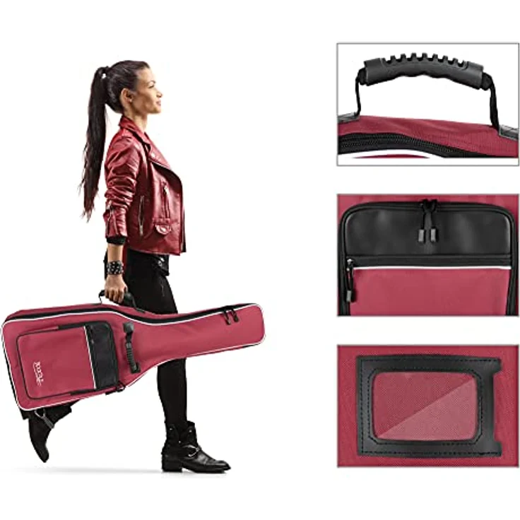 ROCKTILE 3/4 und 7/8 Klassik-Gitarrentasche, gepolsterter Gigbag mit Rucksackgarnitur, 2 Außentaschen, weinrot – Bild 2