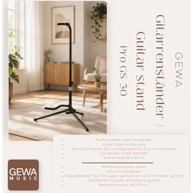 GEWA Gitarrenständer De Luxe GS-30B, höhenverstellbar 60-83 cm für Akustik- und E-Gitarre, mit weicher Polsterung, schwarz – Bild 4