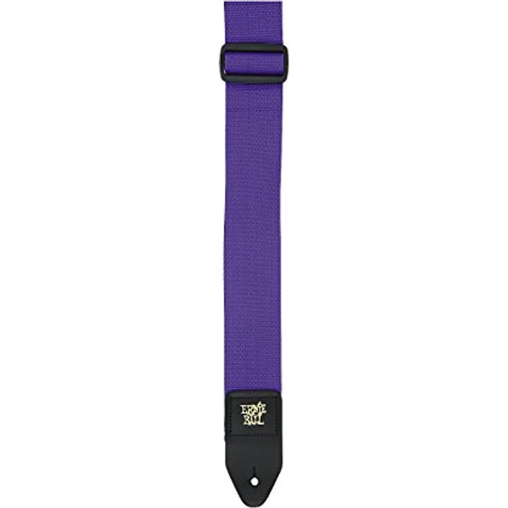 Ernie Ball Gitarrengurt aus Polypropylen, lila, 5 cm breit, verstellbare Länge 104-182 cm, mit schwarzen Lederenden und goldfarbenem Logo – Bild 3