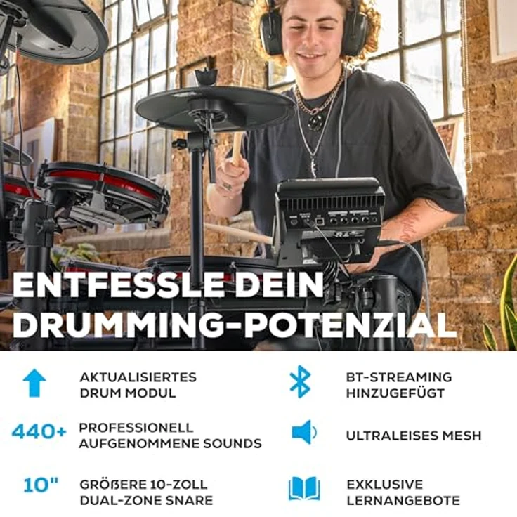 Alesis Nitro Max Kit, Elektronisches Schlagzeug mit Quiet Mesh Pads, 10" Dual Zone Snare, Bluetooth, 440+ Sounds, USB MIDI, Kick Pedal – Bild 2