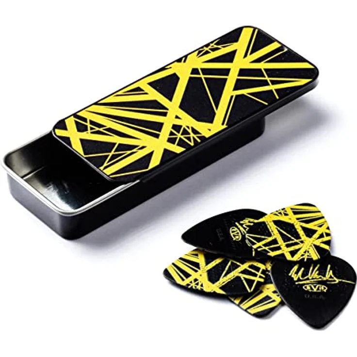 Dunlop EVH Black/Yellow Stripes Tin 6, Plektrumset mit 6 Max-Grip® Nylon Plektren, Stärke 0,60 mm, schwarze Metalldose mit gelben Streifen – Bild 2