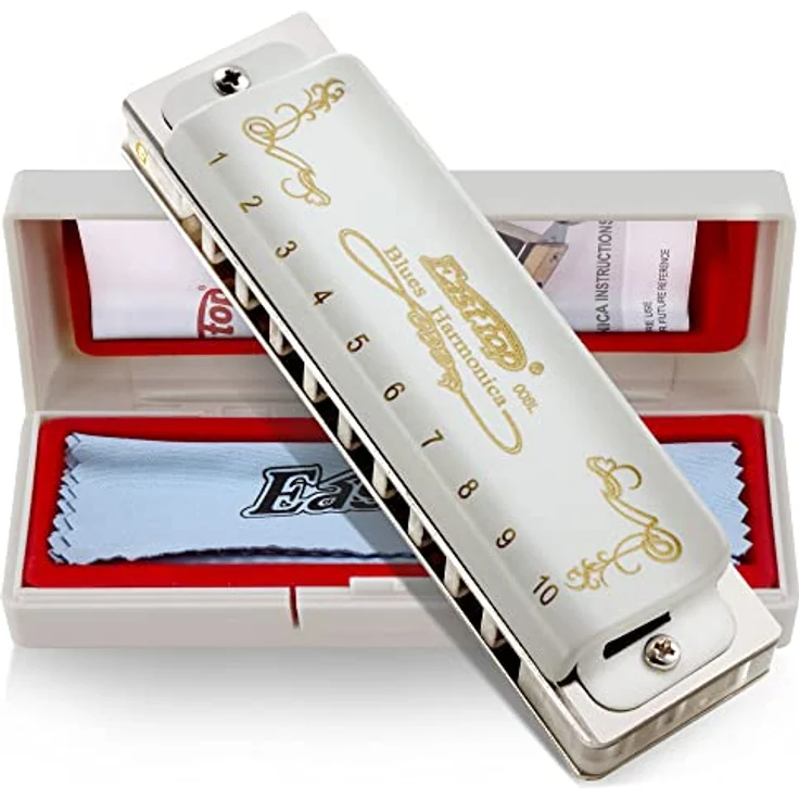 East top T008L Diatonische Blues Harmonica, Mundharmonika in G-Key, 10 Löcher, geeignet für Profis & Anfänger, ideales Geschenk, weißer Messingdeckel, tragbar. – Bild 1