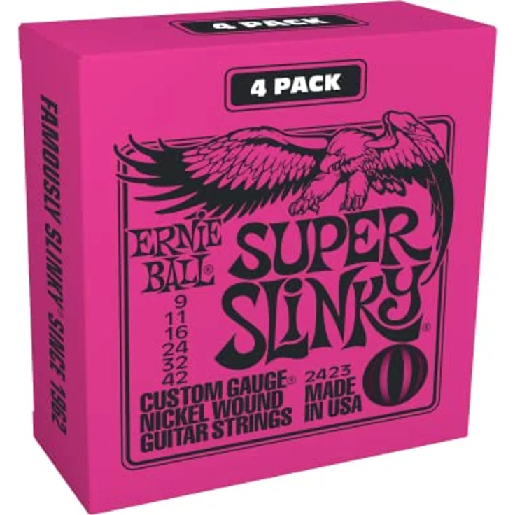 Ernie Ball Super Slinky Nickel Wound E-Gitarrensaiten, 4er-Pack, Stärke 9-42, heller und ausgewogener Ton, hergestellt in den USA – Bild 1