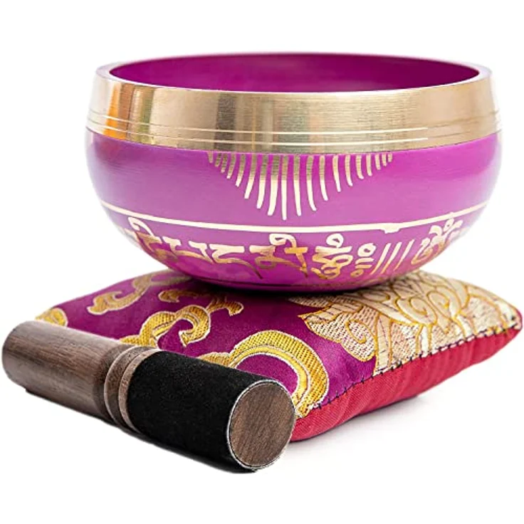HIMALAYAN BAZAAR Tibetisches Klangschalen-Set, handgefertigte 7,6 cm Klangschale für Meditation und Achtsamkeit, inkl. Seidenkissen, Schlägel und Tasche, Orchidee – Bild 3