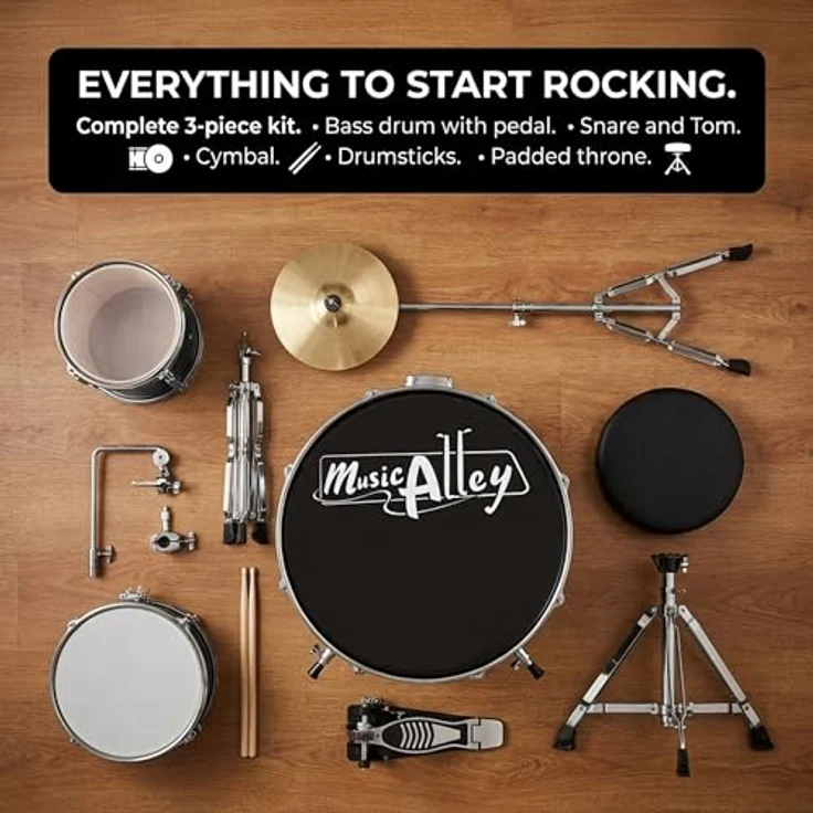 Music Alley DBJK02-BK, 3-teiliges Anfänger-Drumkit für Kinder, Black - Besonders robustes Holz und Metall, 14-Zoll-Bassdrum – Bild 3