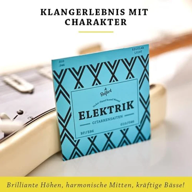 BELFORT® E-Gitarren-Saiten, 6-Saiten-Set aus Nickel für E-Gitarre, inkl. 4 Plektren und extra hoher E-Saite, brillante Klangqualität, schmerzfreies Spielen – Bild 5