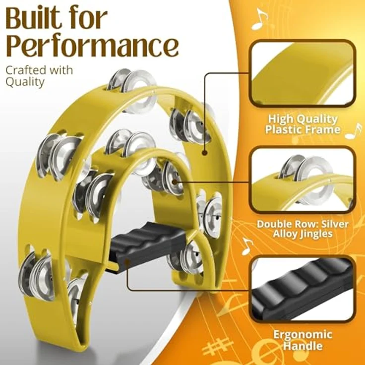 Flexzion Tamburin, Handtrommel - 25cm mit 20 Paar Metall-Schellen, Halbmond-Form, ergonomischer Handgriff, gelb – Bild 3