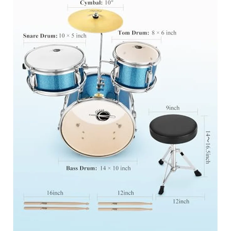 Eastar 14" 3 PC Schlagzeug Set, Kinder Schlagzeug für 3-10 Jahre, Himmelblau mit Snare, Tom, Bass Drum, Pedal, Thron, Becken und Drumsticks – Bild 3