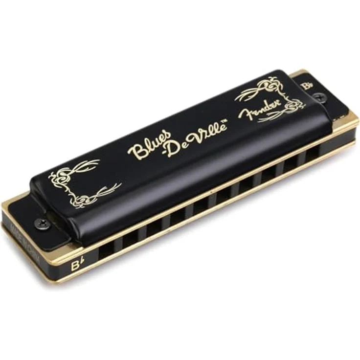 Fender Blues Deville Harp Bb, Mundharmonika in Bb-Dur mit Kunststoff Kanzellenkorpus und Messingstimmplatten, schwarz-goldenes Deckeldesign, inkl. Kunststoffcase – Bild 1