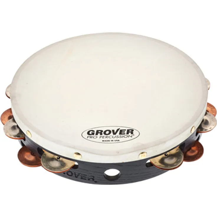 Grover Pro Percussion T2/GsPh Tambourine, 10" mit zweireihigen Silber/Bronze Schellen, weißes Naturfell, massiver Hartholzkorpus, inkl. Tasche (Art. 490701)