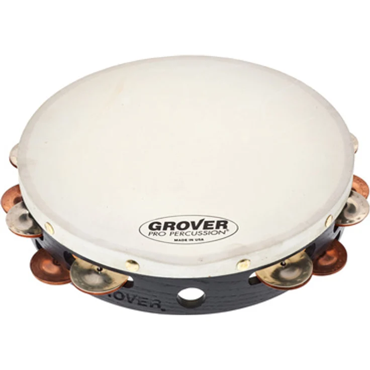Grover Pro Percussion T2/GsPh Tambourine, 10" mit zweireihigen Silber/Bronze Schellen, weißes Naturfell, massiver Hartholzkorpus, inkl. Tasche (Art. 490701)