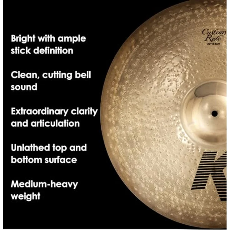 Zildjian 20" K-Custom Custom Ride, Schlagzeugbecken mit brillantem Finish, lauter Glocke und dunklen Obertönen – Bild 4