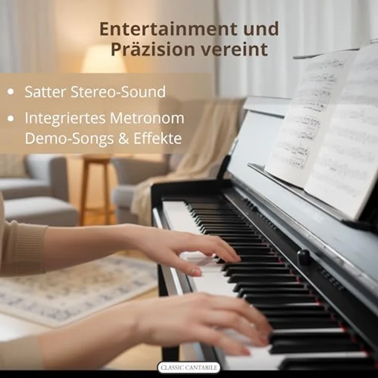Classic Cantabile UP-1 Upright E-Piano, 88 gewichtete Tasten mit Graded Hammer Tastatur, 256 Polyphonie, OLED Display, USB MP3 Recorder, Schwarz matt – Bild 5