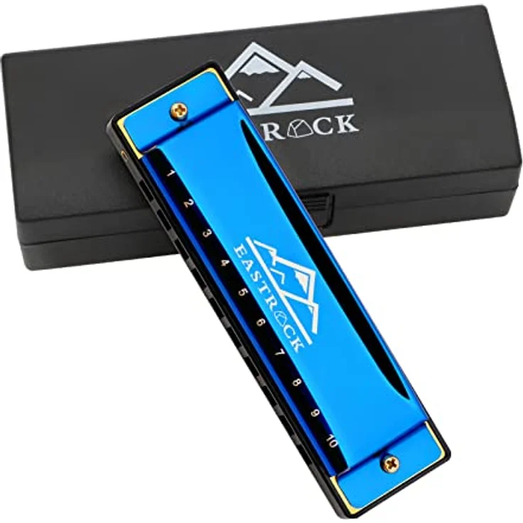 EastRock C-Dur 10-Loch Harmonika mit Box, diatonisch, für Anfänger und Fortgeschrittene, blau – Bild 1
