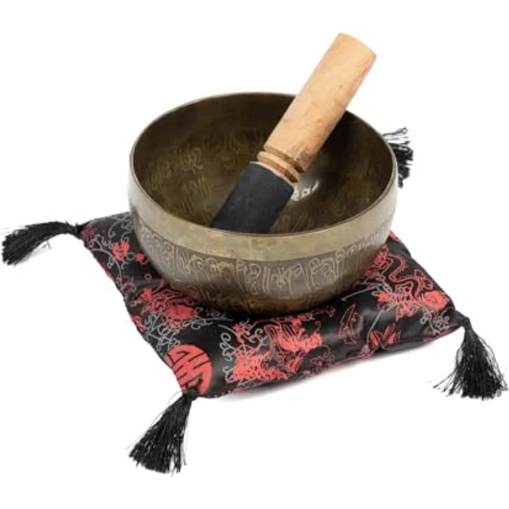 Bodhi Tibetische Klangschale Ø 14 cm, Handgefertigte Singing Bowl mit Gravur, Bronze, inkl. Kissen & Klöppel, Ideales Meditationszubehör – Bild 1