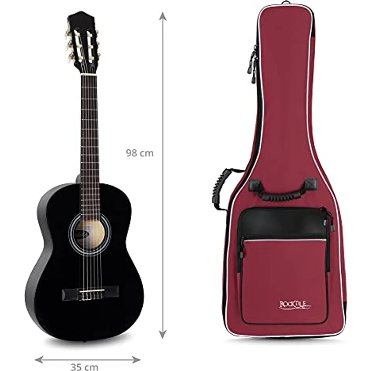 ROCKTILE 3/4 und 7/8 Klassik-Gitarrentasche, gepolsterter Gigbag mit Rucksackgarnitur, 2 Außentaschen, weinrot – Bild 3