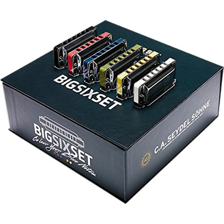 C.A. Seydel Söhne Big Six Set, Mundharmonika Set bestehend aus 6 Tonarten (G black, A lava, Bb sky, C oliv, D yello, F white) mit Edelstahl-Stimmzungen und Gürteltasche – Bild 2