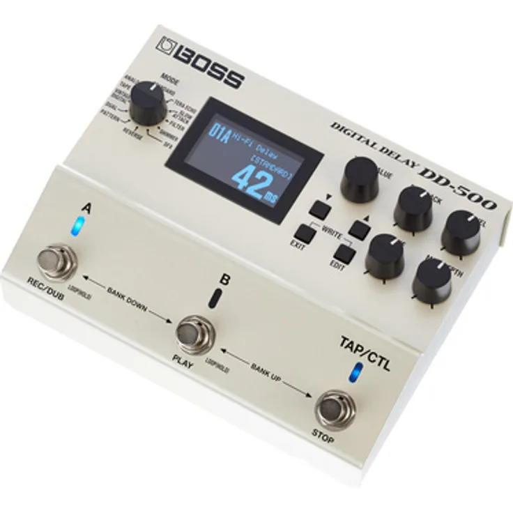 Boss DD-500 Digital Delay, Stereo Delay-Pedal mit 32-bit/96 kHz, 12 Programmen und eingebauten Phrase-Looper