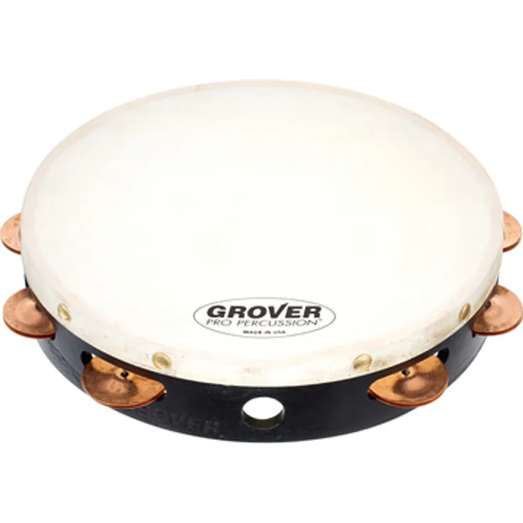 Grover Pro Percussion T1/PhBr Tambourine, 10" mit Phosphor Bronze Schellen und weißem Naturfell, massiver Hartholzkorpus