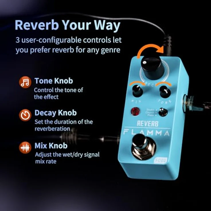 Flamma FC02 Reverb, Reverb-Pedal mit Studio, Church und Plate Effekten, echtes Metallgehäuse – Bild 3