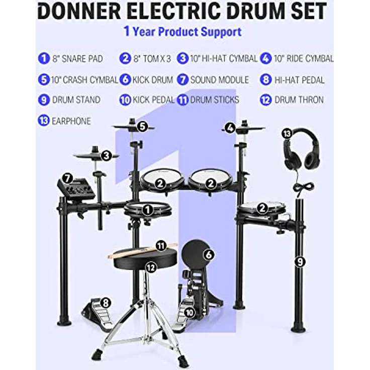 Donner DED-200 E-Drum Set, 8-teilig mit Mesh-Köpfen, 450 Sounds, Drum Throne, Maple Stick, Kopfhörer, Audio-Kabel – Bild 5