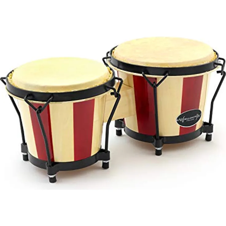 World Rhythm TIGER bon14-st Bongo Drums, 6 und 7 Zoll mit Rohleder-Trommelfell in auffallendem Rot und Eiche Natur, ideal für Schulen und Percussion-Gruppen