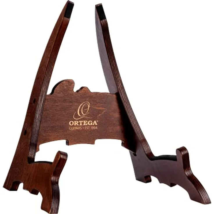 Ortega Guitars Wood Guitar Stand, Gitarrenständer aus Birke in Dunkelbraun für Akustik- und E-Gitarren, einfach aufzubauen mit Anti-Rutsch Polsterung