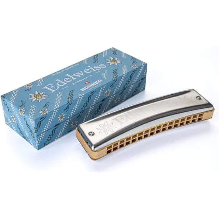 Hohner Edelweiss 32 C, Oktav-gestimmte Mundharmonika in C-Dur, 32 Stimmzungen, Ahorn-Holz und Edelstahldecke, inkl. Pappetui mit alpenländischen Motiven – Bild 2