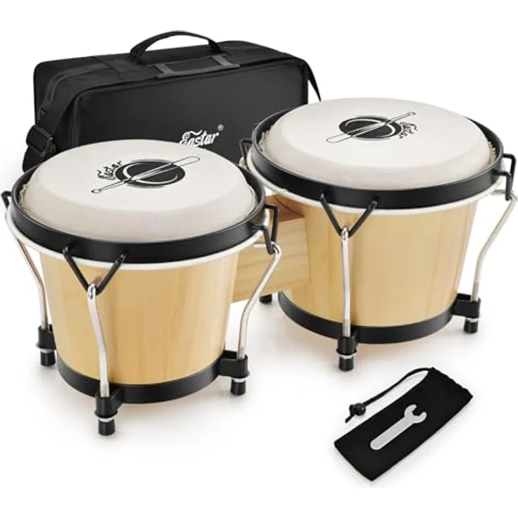 Eastar EBO-1 Bongo Trommeln aus Holz, 6" und 7" mit natürlichem Finish, geeignet für Kinder und Anfänger, inklusive Tragetasche und Stimm-Schlüssel – Bild 1