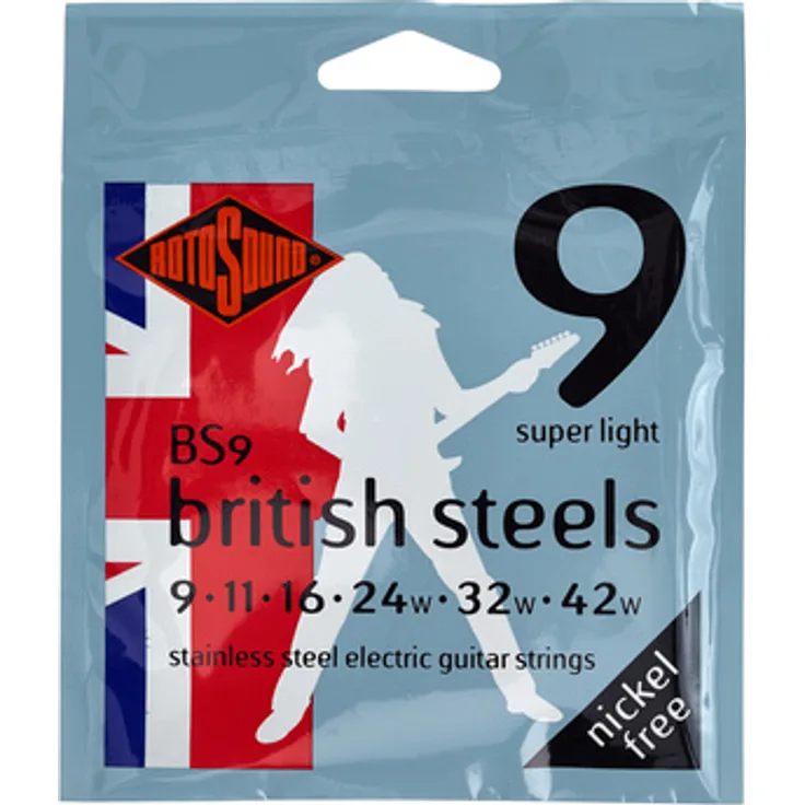 Rotosound BS9 British Steels, E-Gitarren Saiten, 6-Saiter Satz, Stainless Steel, Saitenstärken super light: .009" - .042"