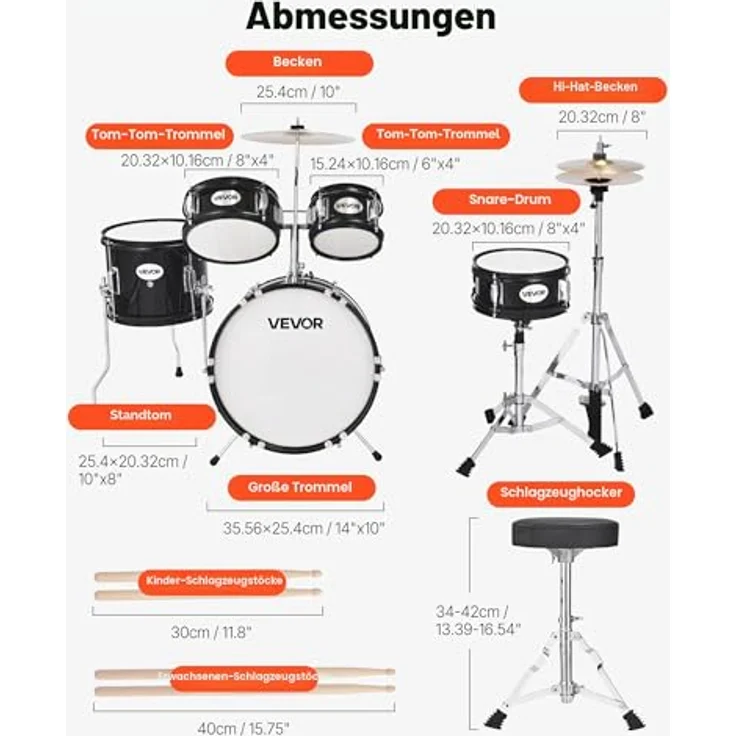 VEVOR Schlagzeug Set, 5-teilig, inkl. 35,6 cm Basstrommel, Tomtoms, Standtom, Crash-Becken & Hi-Hat, für Kinder 6–13 Jahre, schwarz – Bild 3