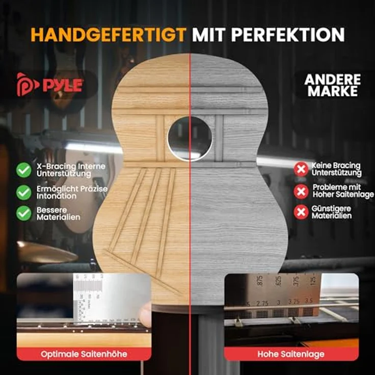 Pyle ¾ Akustikgitarre mit Cutaway, Westerngitarre aus Lindenholz mit Stahlsaiten, inkl. Tasche, Gurt, Plektren & Ersatzsaiten, leicht & handlich, ideal für Jugendliche – Bild 5