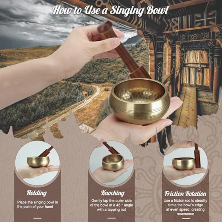DiDiBirDi Tibetische Klangschale 8cm, handgehämmert in Nepal mit Schlägel und gelbem Ring-Kissen für Meditation, Yoga, Chakra – Bild 5