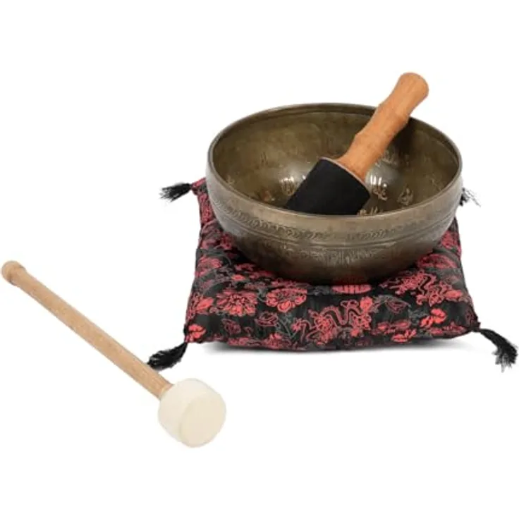 Bodhi Tibetische Klangschale Ø 23 cm, Handgefertigte Singing Bowl mit Blume des Lebens Gravur, Komplettes Set inkl. Kissen & Klöppel, Bronze, Gold/Holzfarben