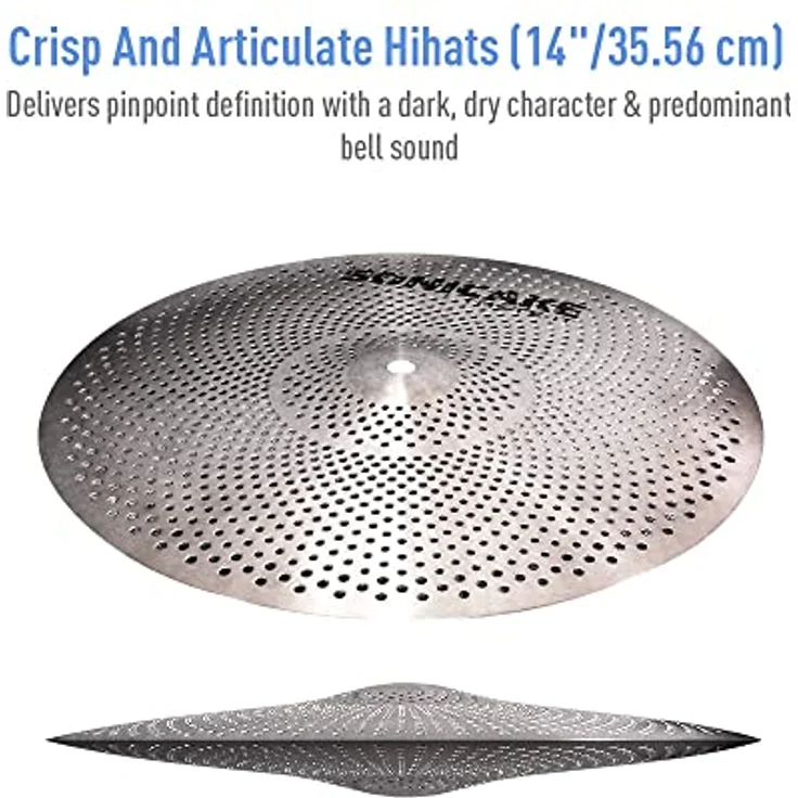 SONICAKE Cymbal Set, 14" HiHat + 16" Crash + 18" Crash + 20" Ride, leises Schlagzeugbecken-Set, silber, 5 Stück – Bild 3