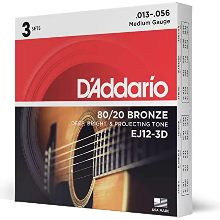 D'Addario EJ12-3D 80/20 Bronze Akustikgitarrensaiten, Medium, 13-56, 3 Sets mit kräftigem, hellem Klang – Bild 1