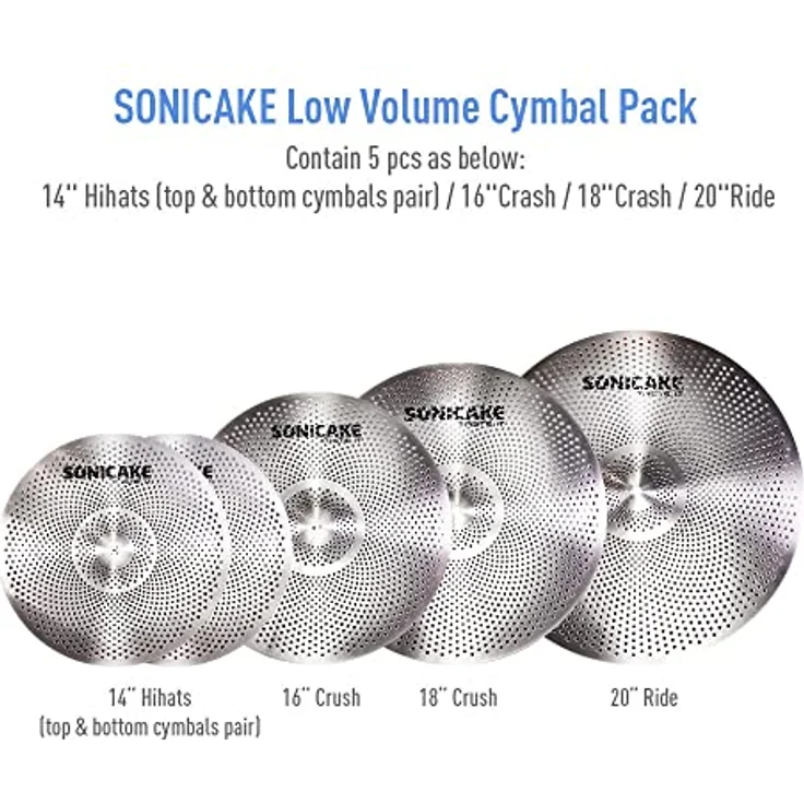 SONICAKE Cymbal Set, 14" HiHat + 16" Crash + 18" Crash + 20" Ride, leises Schlagzeugbecken-Set, silber, 5 Stück – Bild 2