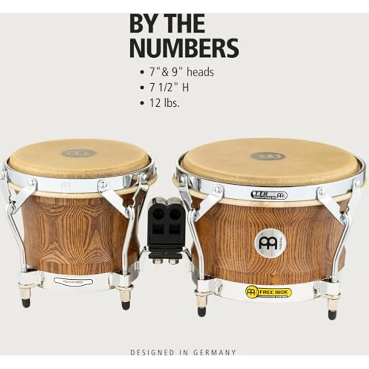 Meinl WB500ZFA-M Woodcraft Bongos, Zebra Finished Ash, 7" Macho und 9" Hembra, Kessel aus amerikanischer Weiß-Esche, matt lackiert, mit True Skin Kuhfellen und verchromter Hardware – Bild 6